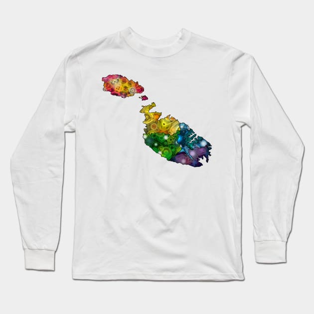 Spirograph Patterned Malta Districts Map Long Sleeve T-Shirt by RachelEDesigns